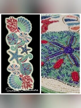 Beaded Seahorse Starfish Seashell Coral Tablerunner Decor Coastal Ocean Beach